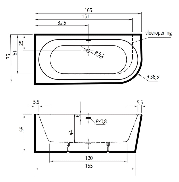 Charley XS links  165x75x58 cement incl. 7006 badafvoer/vulcombinatie wit mat