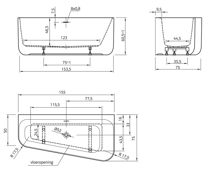 Cindy Rechts 155x75/55x60  edelweiss, sleuf overloop, waste zwart mat