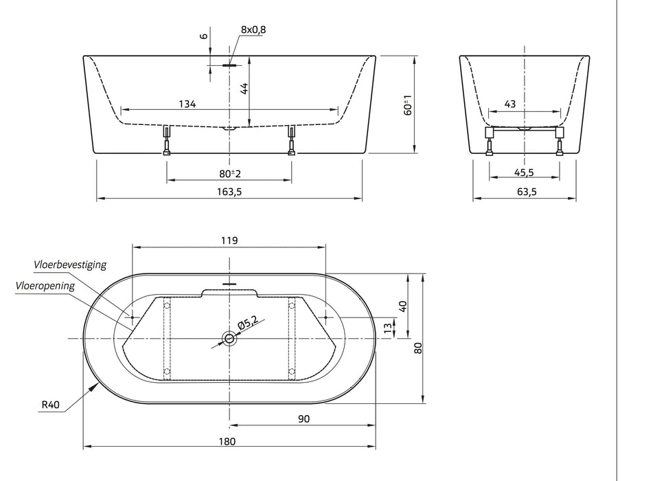 Friso  180x80x60 wit, met sleuf overloop,  incl waste wit glans