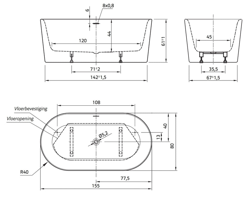 Friso XS  155x80X61 wit incl. 7006 badafvoer/vulcombinatie wit glans