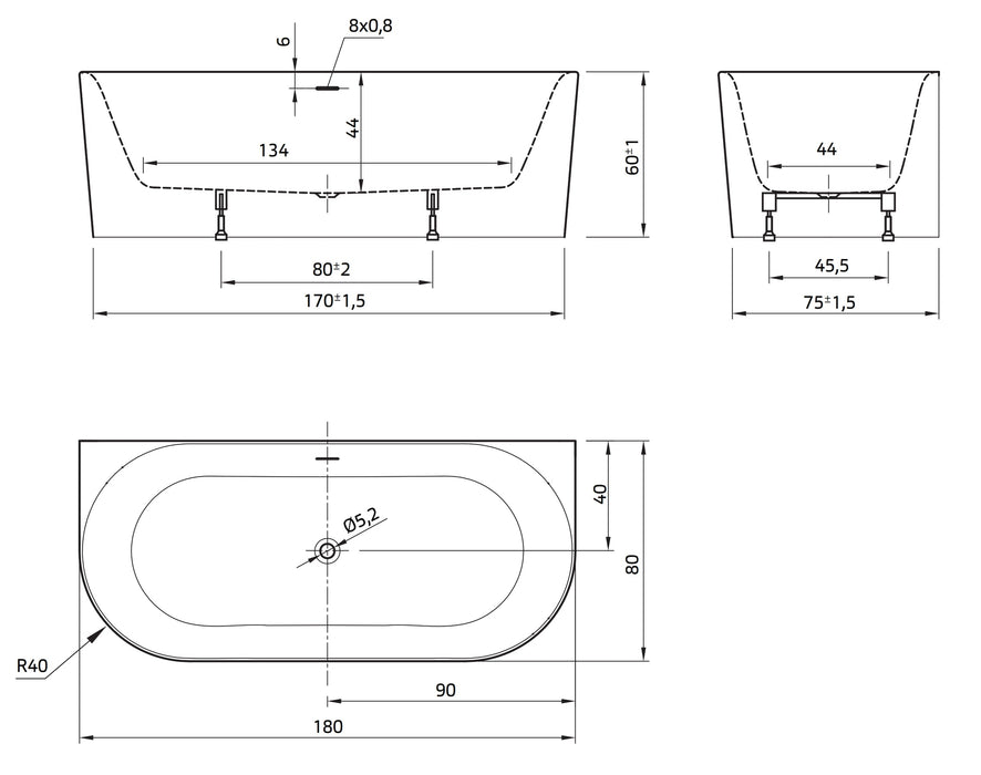 Fay  180x80x60 edelweiss, met sleuf overloop,  incl waste wit mat