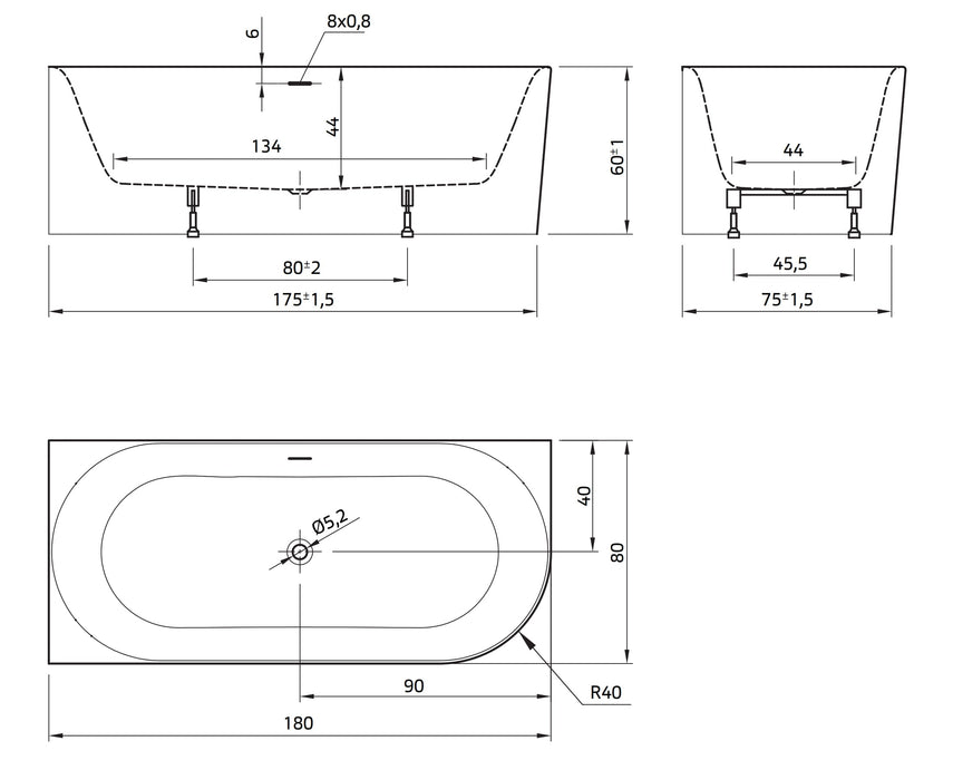 Fay links  180x80x60 edelweiss, met sleuf overloop,  incl waste wit mat