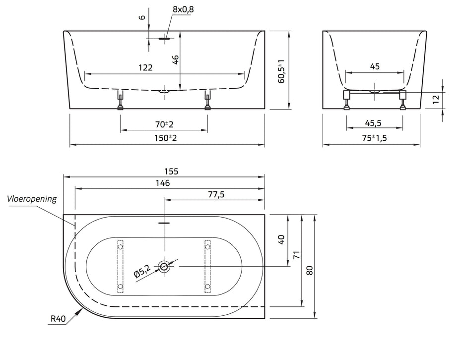 Fay XS rechts  155x80x60 edelweiss, met sleuf overloop,  incl waste wit mat