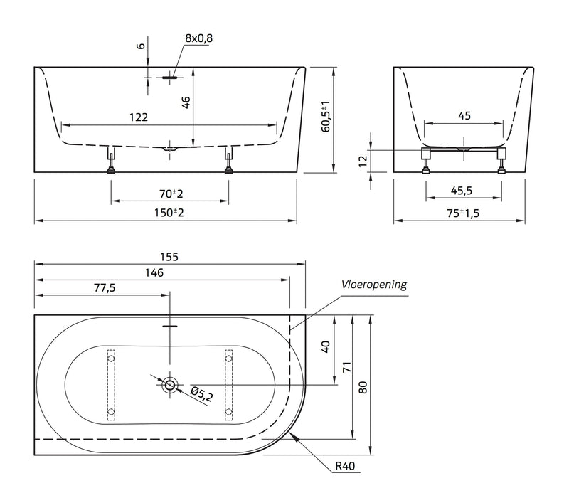 Fay XS links  155x80X60 edelweiss incl. 7006 badafvoer/vulcombinatie wit mat