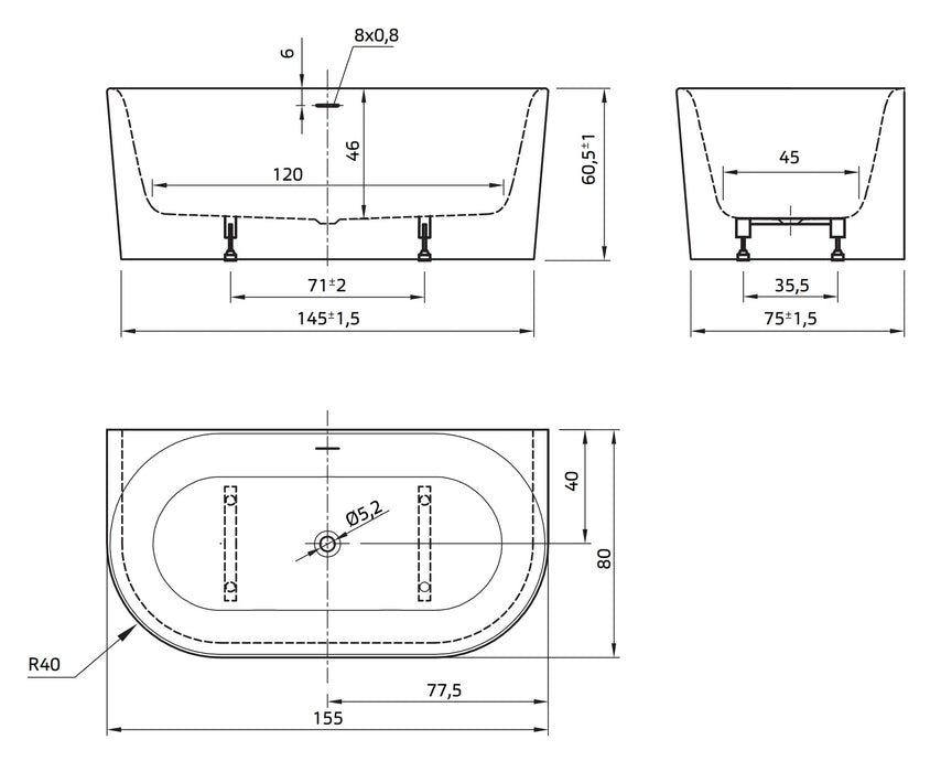 Fay XS 155x80x60 edelweiss, met sleuf overloop,  incl waste wit mat