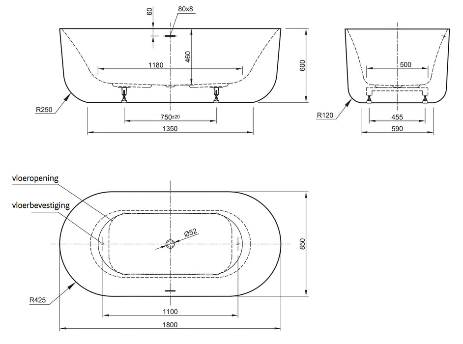 Sanne  180x85x60 wit mat met sleuf overloop, waste zwart mat