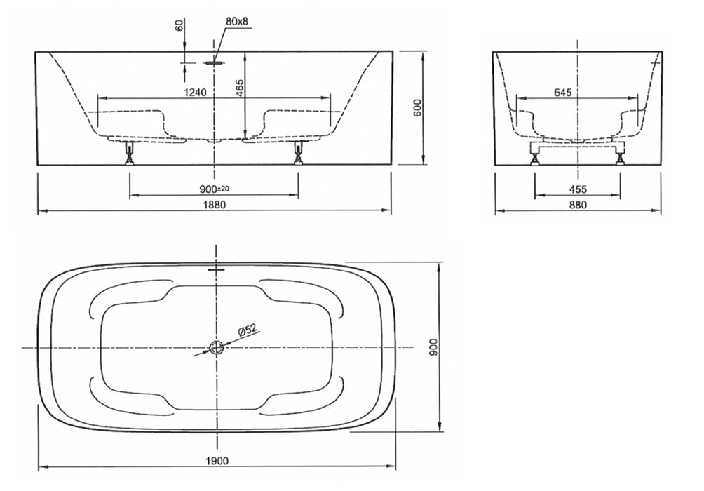 Vera  190x90x60 wit met sleuf overloop, waste wit glans