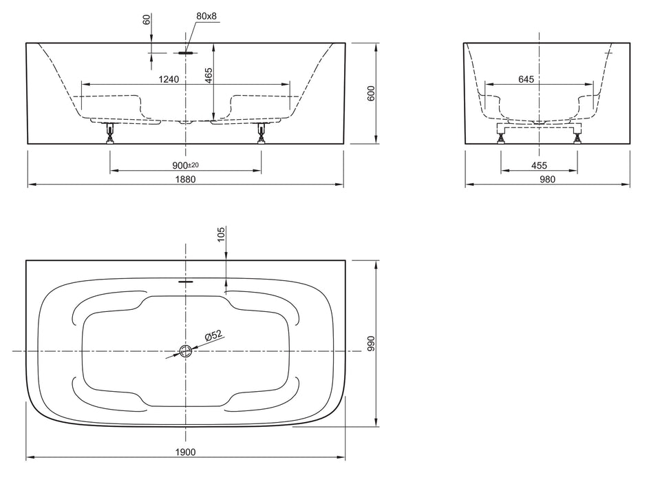 Valerie  190x98x60 wit met sleuf overloop, waste inox