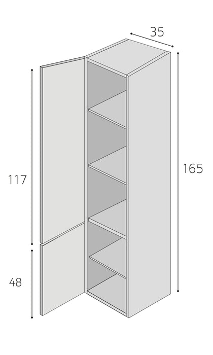 Hoge kast semi greeploos, linksdraaiend, met 2 deuren, 35x165x35 cm. Eiken natuur