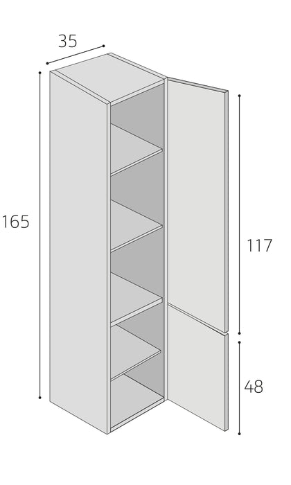 Hoge kast semi greeploos, rechtsdraaiend, met 2 deuren, 35x165x35 cm. Eiken natuur