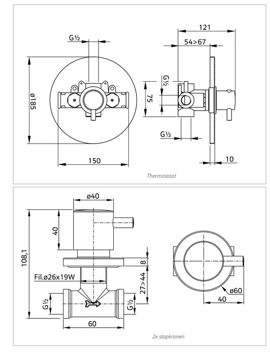 Duero - High flow douche inbouwset (thermostatisch), met 2 stopkranen chroom