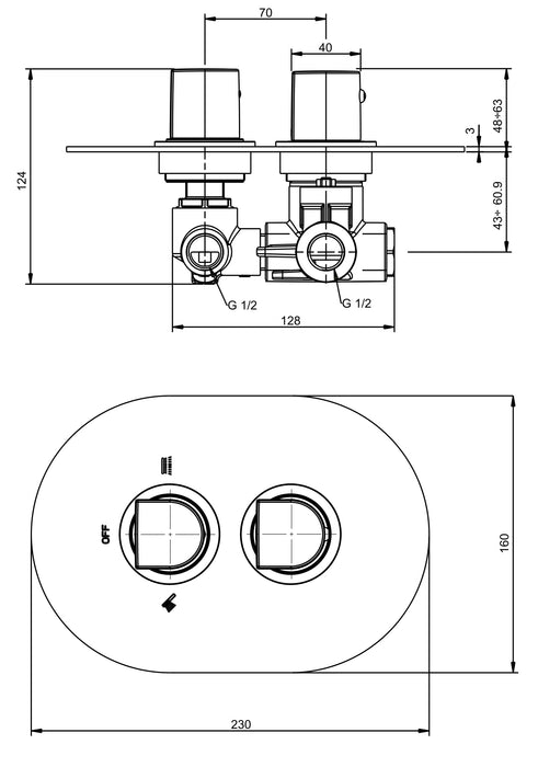 Ebro - inbouwthermostaat thermostatisch, 2 uitgangen chroom