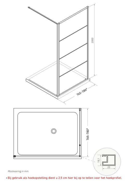 Ind. Line Blackburn/Premium  Inloopwand/zijwand hoekopstelling incl stab. stang (79-80,5 cm)