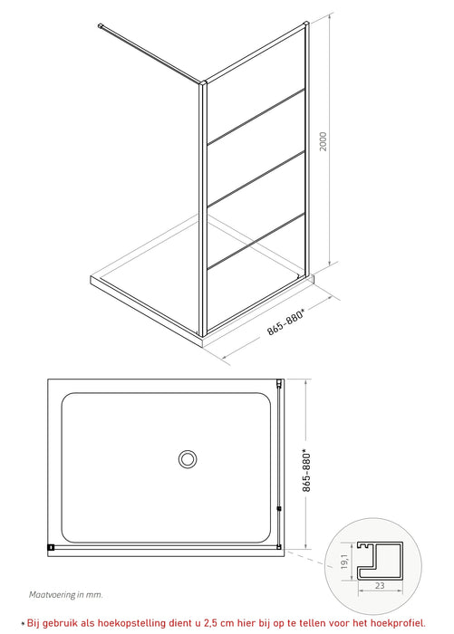 Ind. Line Blackburn/Premium  Inloopwand/zijwand hoekopstelling incl stab. stang (89-90,5 cm)