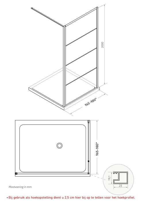 Ind. Line Blackburn/Premium  Inloopwand/zijwand hoekopstelling incl stab. stang (99-100,5 cm)