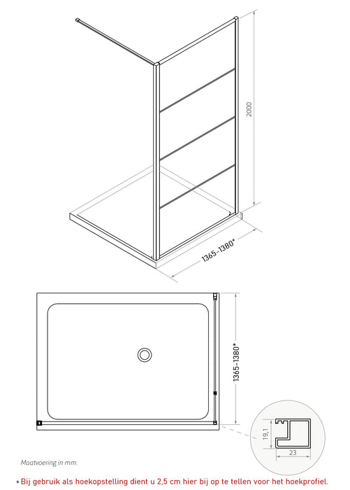 Ind. Line Blackburn/Premium  Inloopwand/zijwand hoekopstelling incl stab. stang (139-140,5 cm)