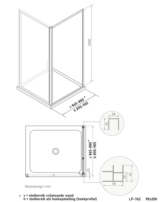 Ind. Line Black Brisbane  Inloopwand/zijwand voor hoekopst. incl stab. stang 90x200 (86,5-88 cm)