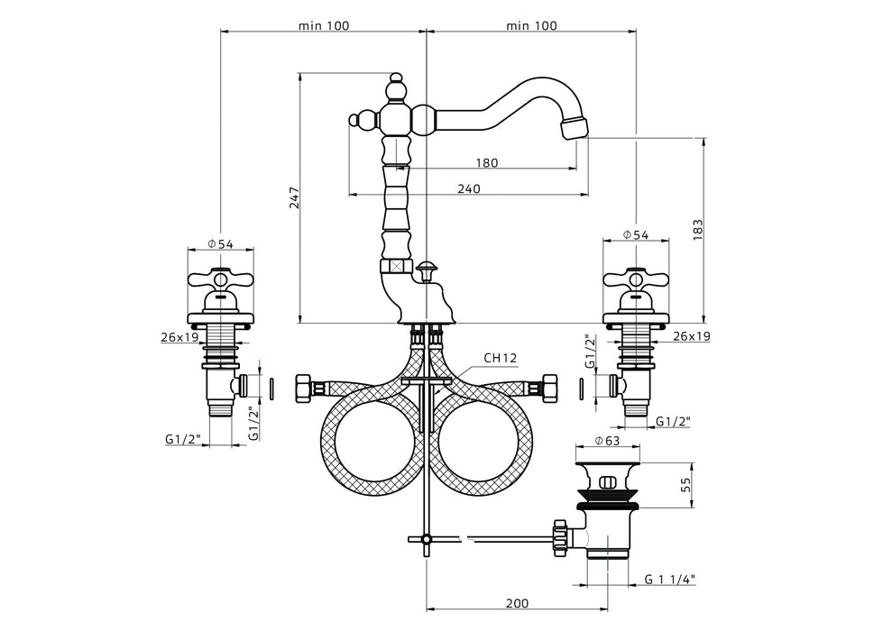 Melrose - 3 gats wastafelkraan met waste chroom