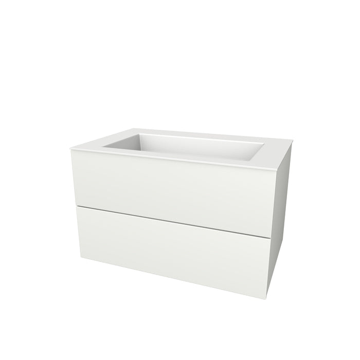 Semi greeploze onderkast, met twee lades, 80 cm breed en 51 cm diep, zonder kraangat. Wit mat