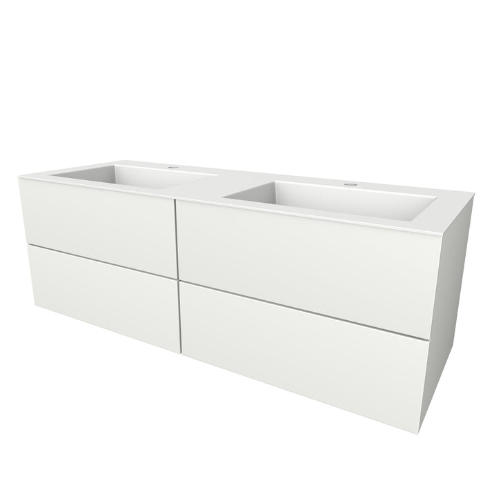 Semi greeploze onderkast, met vier lades, 140 cm breed en 51 cm diep, 2 kraangaten. Wit mat