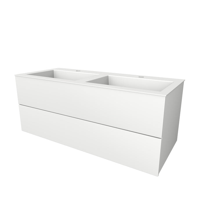 Semi greeploze onderkast, met twee lades, 120 cm breed en 51 cm diep, 2 kraangaten. Wit glans