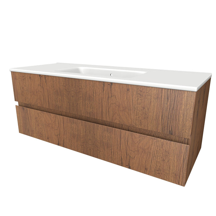 Onderkast met twee lades, 46,5 cm diep en wastafelblad 120 cm breed, zonder kraangat. Oakfield vert.