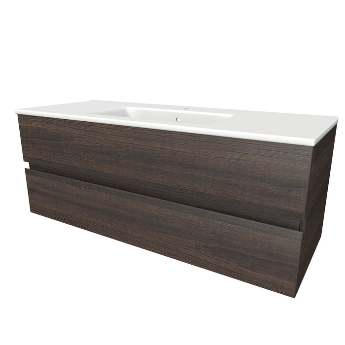 Onderkast met twee lades, 46,5 cm diep en wastafelblad 120 cm breed, 1 kraangat. Donker eiken