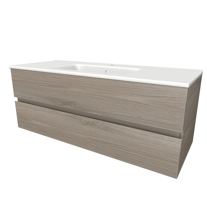 Onderkast met twee lades, 46,5 cm diep en wastafelblad 120 cm breed, 1 kraangat. Tortora