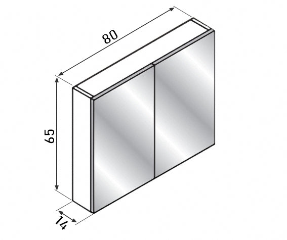 Spiegelkast, met 2 deuren, 80 cm breed en 14cm diep Wit glans