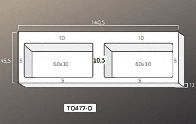 Solid Surface Blad 140 met 2 R2 wastafels in het midden, 2 kraangaten mat wit