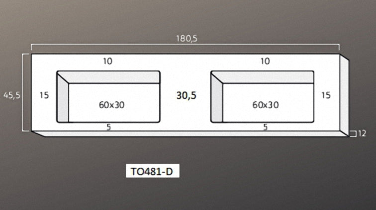 Solid Surface Blad 180 met 2 R2 wastafels in het midden met overloopgat+plug, 2 kraangaten mat wit